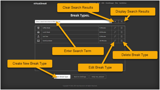 break types screen overview