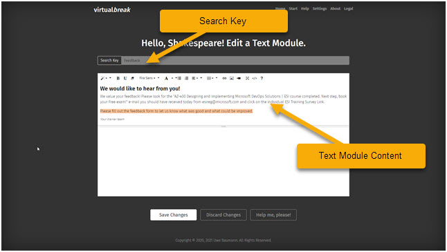 create new text module screen overview