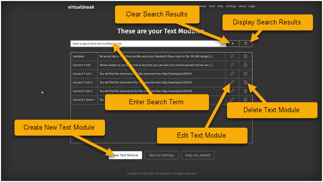 text modules screen overview